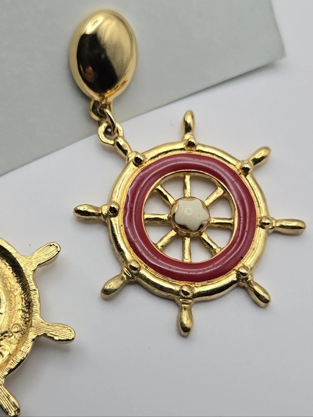 Avon Gold & Red Nautical Ship Wheel Earrings Vintage Style